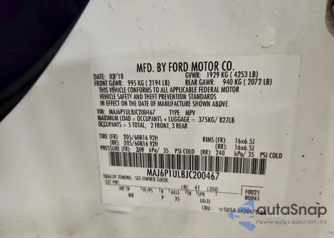 2018 Ford Ecosport Se z USA, uszkodzony, nr VIN MAJ6P1UL8JC200467